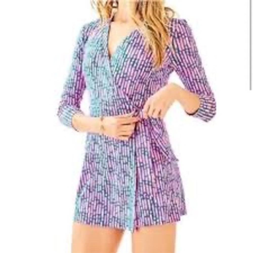 Lilly Pulitzer Pink Navy Blue Geometric Wrap Romper Long Sleeve XXS